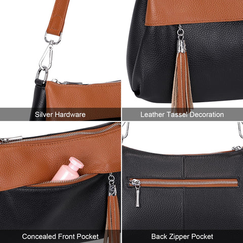 Over Earth Leather Handbags for Women Small Hobo Shoulder Bag Ladies Crossbody Purse(O111-2E Black/Brown) Over Earth