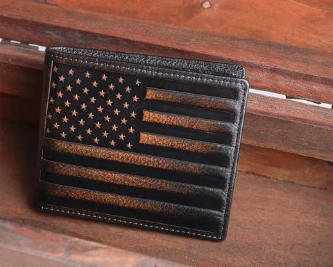 DK86 USA Flag Bifold Wallet for Men RFID Blocking Full Grain Leather With Hand Burnished Extra Capacity Multiple Card Slots with 2 ID Windows DK86