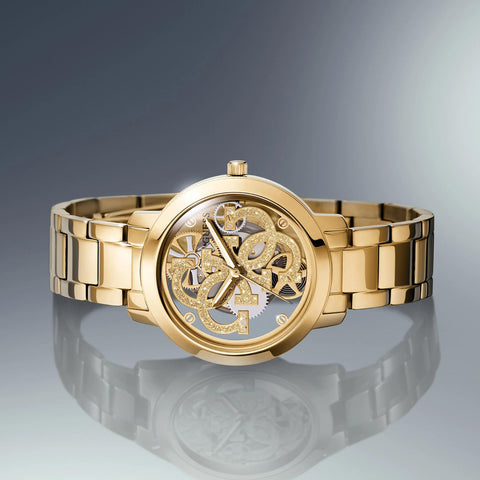GUESS Ladies Trend Clear 36mm Watch – Glitz Dial with Gold-Tone Stainless Steel Case & Bracelet GUESS