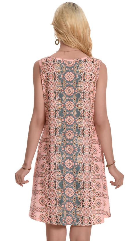 Sundress for Women Floral Bohemian Dress Sleeveless Loose Aline Beach Cover Up(Pink Boho Flower,L) elescat