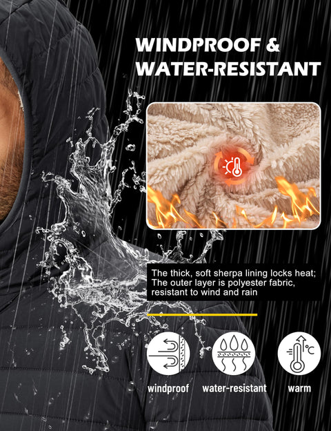 TACVASEN Puffer Jacket Men Warm Winter Jackets Sherpa Lined Water Resistant Thick Insulated Down Coats with Hood Black L