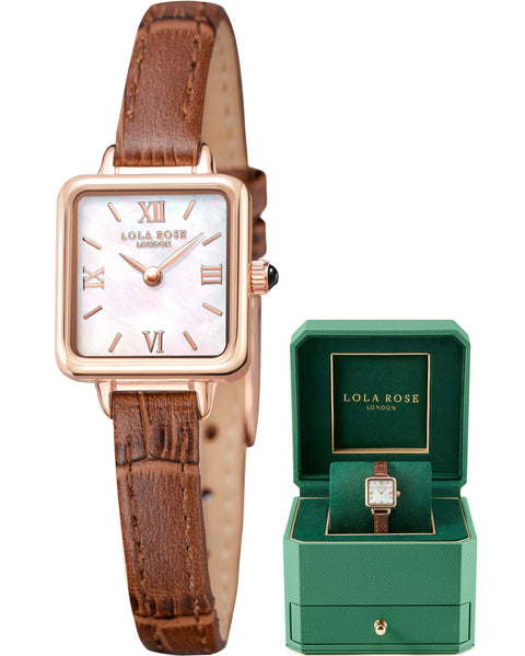 Lola Rose Women's Dainty Watch, Genuine Brown Leather Strap Wrist Watch. Mother of Pearl Dial Ladies Watch. Women Watch Gift. Lola Rose