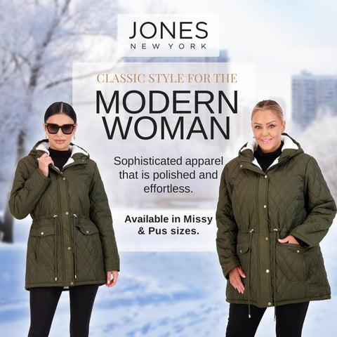 Jones NY Diamond-Quilted Jacket Anorak with Fur Lining - Winter Coats for Women, Olive - M Jones New York