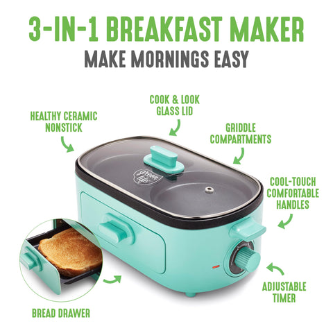 GreenLife 3-in-1 Breakfast Station, Ceramic Nonstick PFAS-Free Dual Griddles for Eggs Meat Pancakes & Sandwiches + 2-Slice Toast Drawer, Healthy Cooking, Timer, Versatile Morning Meal Maker, Turquoise GreenLife