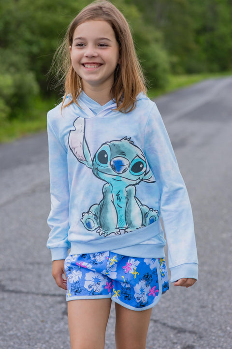 Disney Lilo & Stitch Big Girls French Terry Pullover Crossover Hoodie Tie Dye Blue 10-12