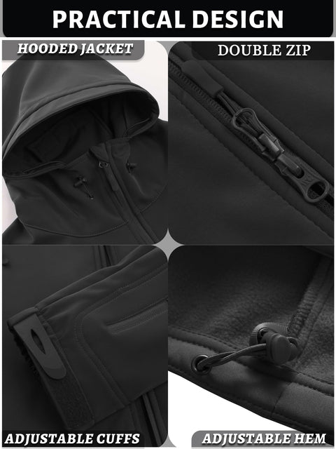 TACVASEN Men's Military Fleece Liner Hooded Jackets Winter Warm Fleece Hood Softshell Tactical Waterproof Snowboard Jacket Black L