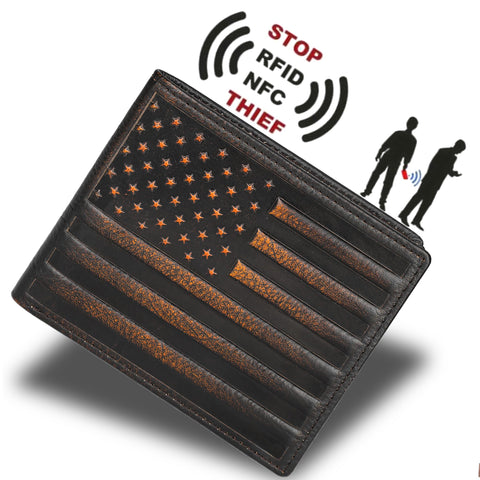 DK86 USA Flag Bifold Wallet for Men RFID Blocking Full Grain Leather With Hand Burnished Extra Capacity Multiple Card Slots with 2 ID Windows DK86
