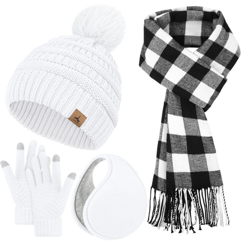 Winter Scarf Hat Earmuffs Gloves, White Ear Warmer Knitted Beanie Touch Screen Gloves Check Warm Scarf for Women Winter LOROME