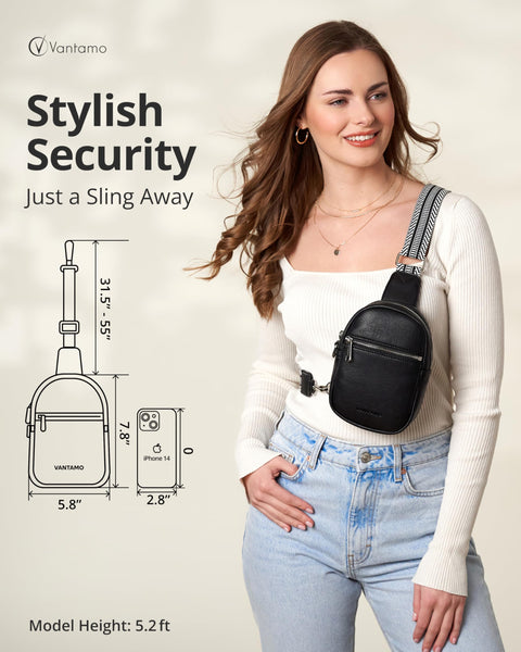 Vantamo Small Crossbody Bags for Women 29"-52" Adjustable Strap, Extra Safe Sling Bag with RFID & Anti-Pickpocket Clip, PU Leather Cross Body Fanny Packs with Gift Box, Onyx Bags for Women