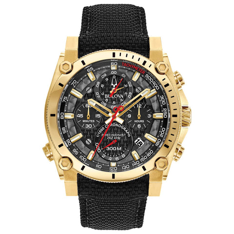 Bulova Precisionist Chronograph Mens Watch, Stainless Steel with Black Nylon Strap, Gold-Tone Model: 97B178 Bulova