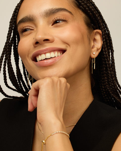 PAVOI 18K Yellow Gold Plated 925 Sterling Silver Posts Drop Dangle Chain Earrings for Women | Dangling Chain Studs | Cubic Zirconia Ball Threader Earscapes Earrings