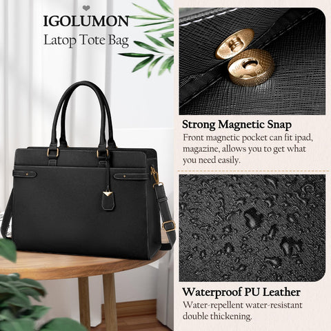 Laptop Bag for Women 15.6 Inch Leather Tote Bag Professional Work Bag Waterproof Computer Briefcase Business Office Bag Large Capacity Handbag Shoulder Bag, Black IGOLUMON