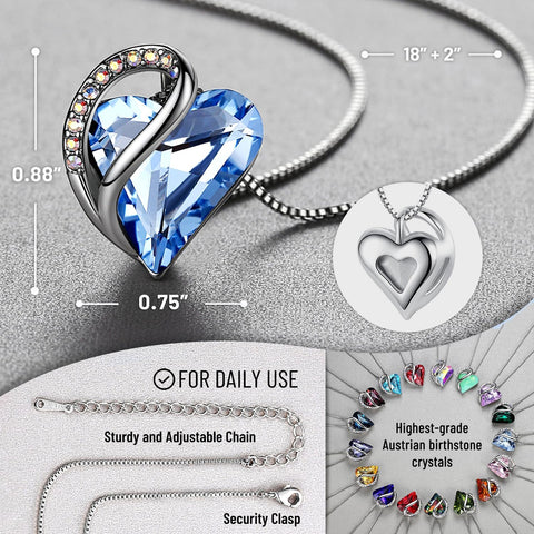 Leafael Necklaces for Women, Infinity Love Birthstone Heart Pendant with Light Sapphire Blue Crystal for March December, Birthday Jewelry Gifts for Her, Mom, and Wife, Silver Plated, 18 + 2 inch Chain