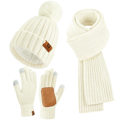 Uerymit Womens Winter Beanie Hat Scarf Gloves 3 Set Fleece Lined Beanie with Pom Pom Long Scarf Neck Warmer Touchscreen Gloves Gifts for Women Men White Uerymit