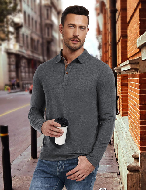 PEGENO Mens Polo Long Sleeve Shirt Classic Button Basic Solid Color Designed Collared Polo Shirt Fashion Casual Golf Shirts Dark Grey X Large