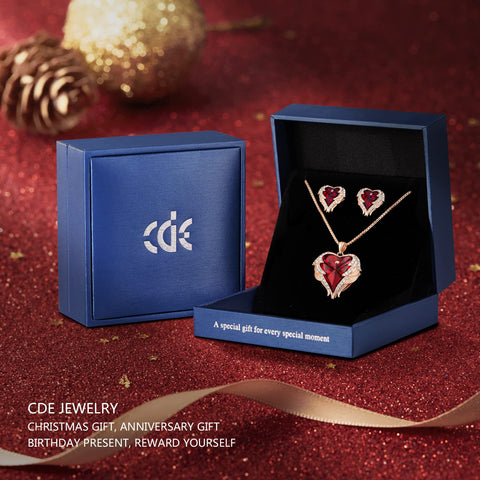 CDE Angle Wing Heart Necklaces and Earrings Valentine Mother's Day Jewelry Gifts for Women Mom Gold Plated Jewelry Set for Wife Girlfriend Stepmom(R_Rose Gold Plated | red) CDE