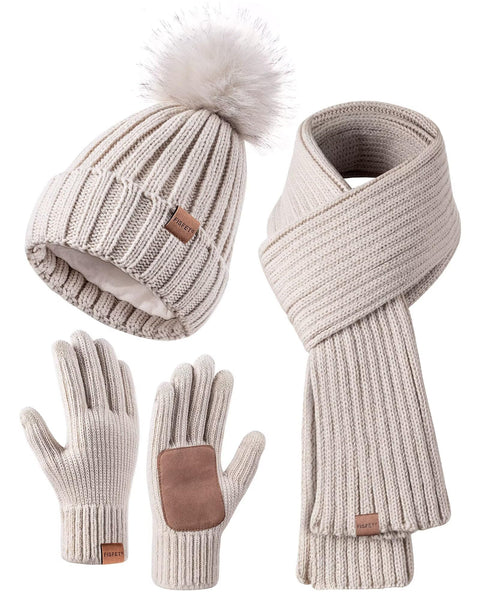 Womens Fleece Lined Winter Hat, Scarf and Glove Set - With Pom Pom Beanie, Long Scarf and Touchscreen Gloves (Oatmeal) FISFET