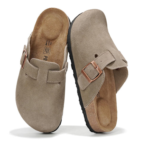 Project Cloud Genuine Leather Footbed Clogs for Women - Memory Foam Arch Support Slippers for Women - Trendy Slip-ons Women's Mules & Clogs Sandals (Benton,TaupeSuede, 8)