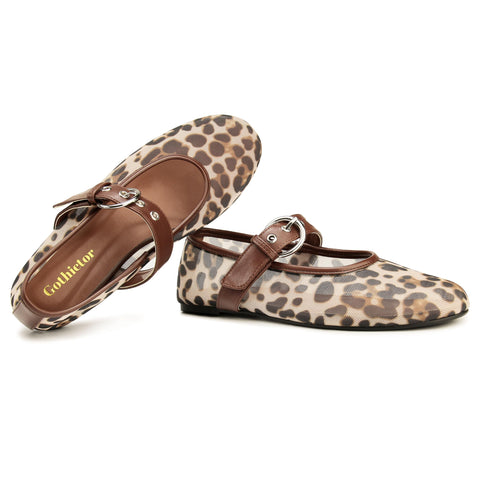 Gothictor Leopard Flats for Women Mesh Flats Ballet Flats Mary Jane Flats Women's Dress Shoes Ballet Shoes Brown,8