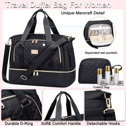 Weitars Gym Bag For Women,Travel Duffel Bag Weekender Bag,Sport Bag With Shoes Compartment And Wet Pocket,Large Carry On Bag Overnight Hospital Bag For Women Travel,Gym,Shopping (Black) Weitars