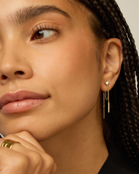 PAVOI 18K Yellow Gold Plated 925 Sterling Silver Posts Drop Dangle Chain Earrings for Women | Dangling Chain Studs | Cubic Zirconia Ball Threader Earscapes Earrings