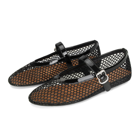 DOEYG Black Mesh Ballet Flats for Women Round Toe Mesh Flats Ballet Shoes Buckle Strap Mesh Mary Jane Flats Comfy Casual Office Summer Fishnet Ballerina Flats Shoes