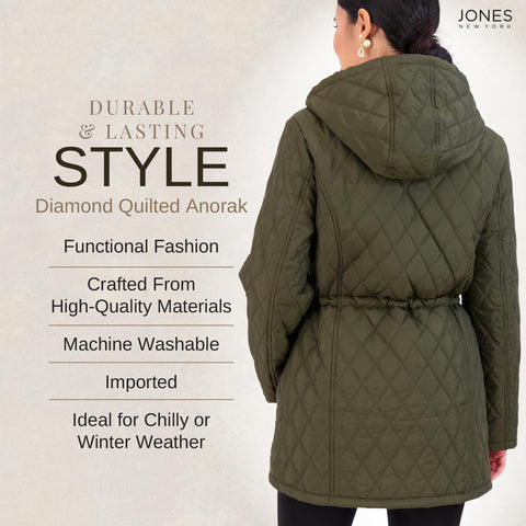 Jones NY Diamond-Quilted Jacket Anorak with Fur Lining - Winter Coats for Women, Olive - M Jones New York