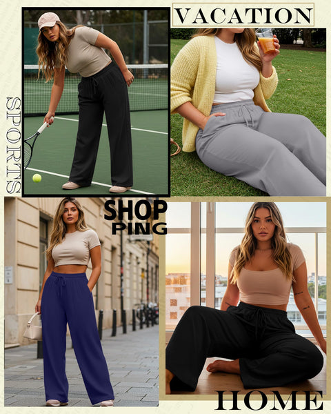 Neer 3 Pack Women's Plus Size Sweatpants Wide Leg High Waist Drawstring Yoga Lounge Joggers Open Bottom Pants with Pockets(Black, Navy Blue, Light Gray,XX-Large)