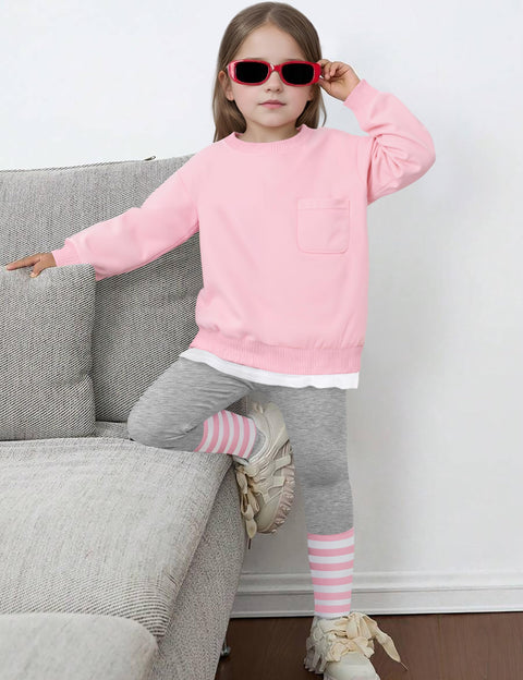 NAPU Little Girls Clothes 4T Toddler Girl Outfits Size 5T Winter Clothes for Kids Pullover Pink Long Sleeve Sweatsuits and Striped Leggings Gray Pants Casual Fall Outfit