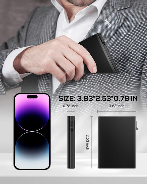 Mens Wallet Card Holder - Smart Wallet for Men, Pop Up Card Case, Top Grain Leather, RFID Blocking, Slim, Minimalist, Ultra Thin, Front Pocket, 9-14 Card Capacity | ID Window | Cash Slot (Black)