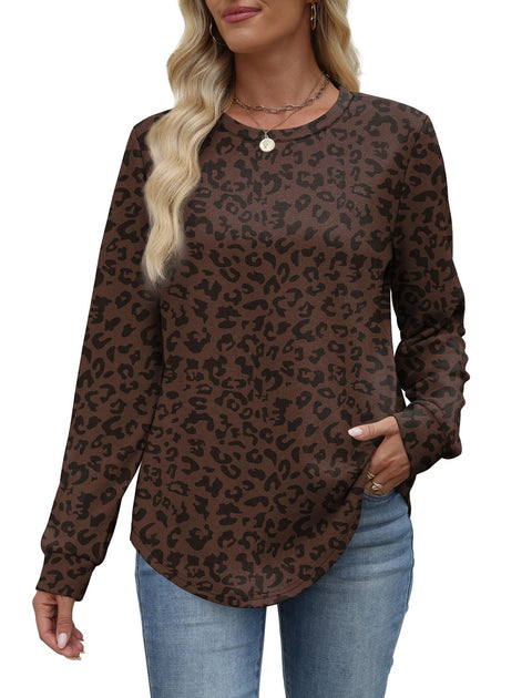 Womens Tops Boho Long Sleeve Shirts Fall Sweaters 2025 Lightweight Sweatshirts Winter Old Money Clothes Chocolate Brown Leopard Print L