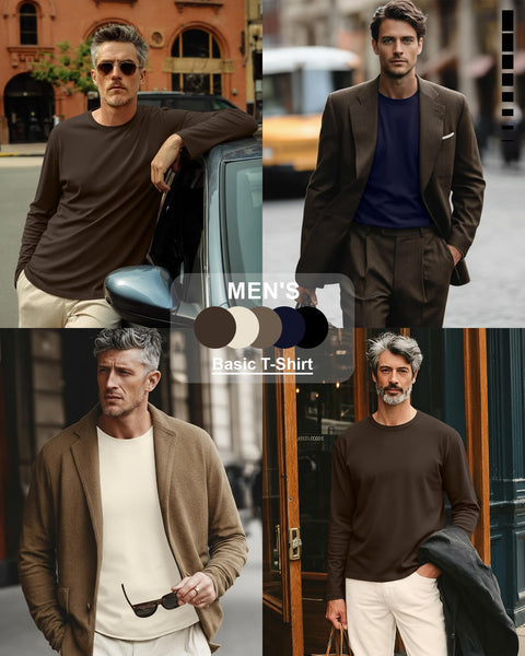 Ficerd 5 Pack Mens Big and Tall Shirts Cotton Long Sleeve Top Loose Casual Basic Shirts Crewneck Oversize Multipack Tee(Coffee, Cream, Khaki, Navy Blue, Black,3X-Large)