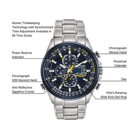 Citizen Men's Eco-Drive Sport Luxury World Chronograph Atomic Time Keeping Watch in Stainless Steel, Blue Dial (Model: AT8020-54L) Citizen