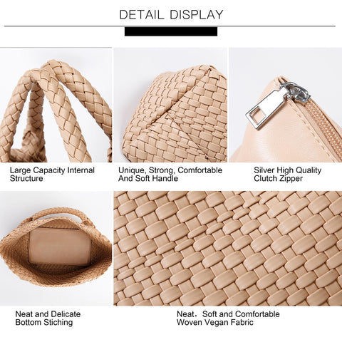Woven Bag for Women, Vegan Leather Tote Bag Large Summer Beach Travel Handbag and Purse Retro Handmade Shoulder Bag (Apricot) Queenoris