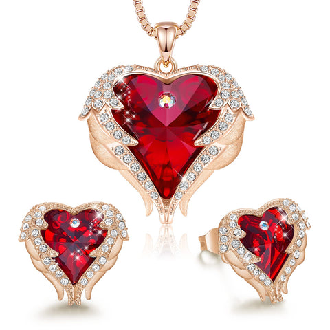CDE Angle Wing Heart Necklaces and Earrings Valentine Mother's Day Jewelry Gifts for Women Mom Gold Plated Jewelry Set for Wife Girlfriend Stepmom(R_Rose Gold Plated | red) CDE