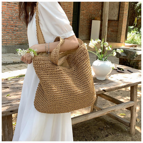COZYOFFI Straw Beach Tote Bag: Large Summer Boho Woven Bags - Rattan Handmade Shoulder Handbags for Women(Brown) COZYOFFI