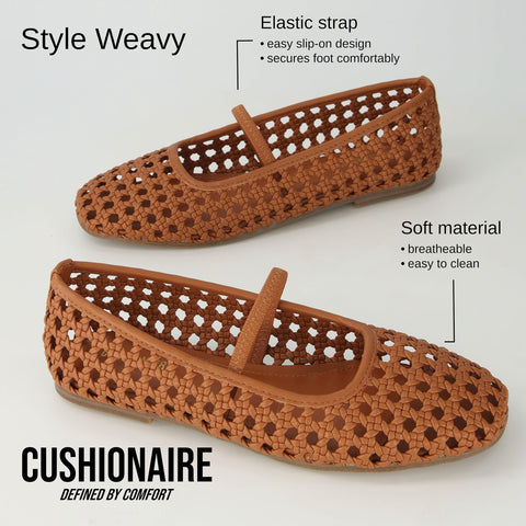 CUSHIONAIRE Women's Weavy Squared Toe Woven Ballet Flat, +Memory Foam, Wide Widths Available Cognac 9
