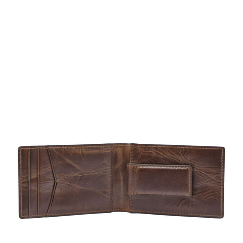 Fossil Men's Derrick Leather Slim Minimalist Magnetic Money Clip Bifold Front Pocket Wallet, Dark Brown, (Model: ML3684201) Fossil