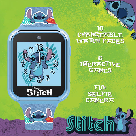 Disney Stitch Kids Smart Watch with 10 Customizable Faces, Camera, Voice Recorder, Calculator, and Step Counter – Touchscreen Interactive Watch for Kids – Blue Silicone Strap
