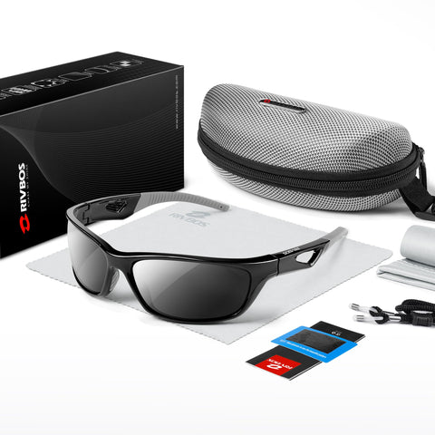 RIVBOS Polarized Sports Sunglasses Driving Sun Glasses Shades for Men Women Tr90 Frame for Cycling Baseball Running Rb831 Black&Grey, Large