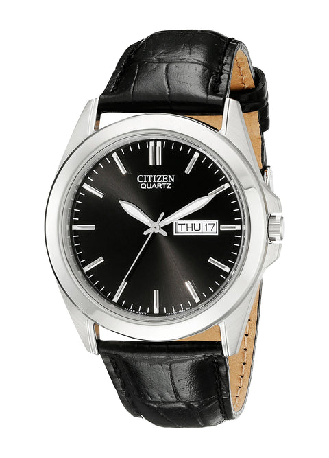Citizen Quartz Mens Watch, Stainless Steel with Leather strap, Casual, Black (Model: BF0580-06E) Citizen