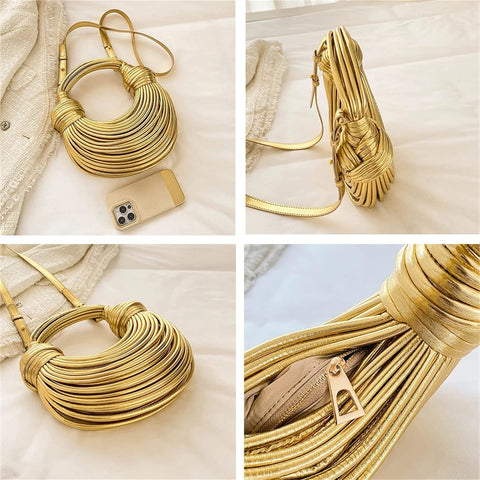 Gimue Hand-Woven Crossbody Bag for Women, Small Leather Clutch Purse, Knotted Bread Handbag, Top Handle Noodles Satchel Bag (Golden) Gimue