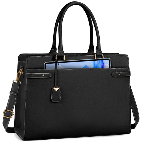 Laptop Bag for Women 15.6 Inch Leather Tote Bag Professional Work Bag Waterproof Computer Briefcase Business Office Bag Large Capacity Handbag Shoulder Bag, Black IGOLUMON