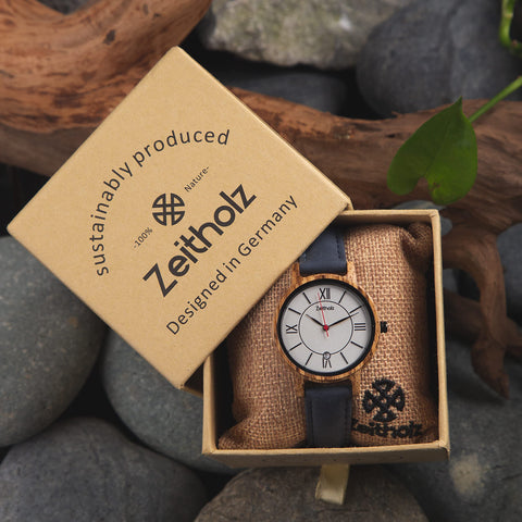 Zeitholz Wooden Watch Women, Wooden Watch, Gifts, Analog Watch, Date, New Rosenbach Collection 36mm, Natural Wood, Japanese Quartz Movement, Leather Strap. (White) Zeitholz