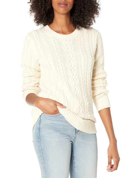 Amazon Essentials Women's Soft Fisherman Cable Long-Sleeve Crewneck Sweater (Available in Plus Size), Cream, Medium
