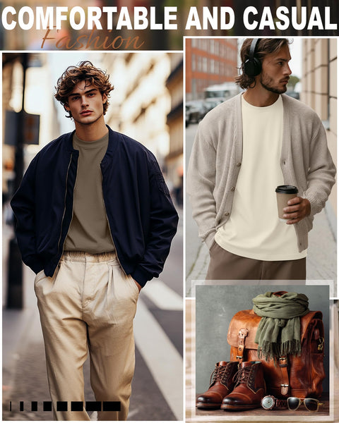 Ficerd 5 Pack Mens Big and Tall Shirts Cotton Long Sleeve Top Loose Casual Basic Shirts Crewneck Oversize Multipack Tee(Coffee, Cream, Khaki, Navy Blue, Black,3X-Large)