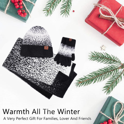 Womens Winter Knit Beanie Hats and Touchscreen Gloves Long Scarf Set with Warm Fleece Lined Skull Caps Scarves for Women Black White FZ FANTASTIC ZONE