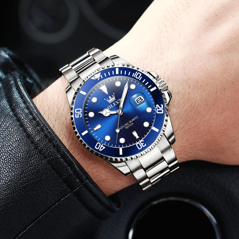 OLEVS Mens Silver Tone Watch Big Face Stainless Steel Band Blue Dial Round Dress Watches for Men Easy to Read Calendar Date Sport Analog Quartz Man Wristwatch Waterproof Luminous Reloj para Hombre
