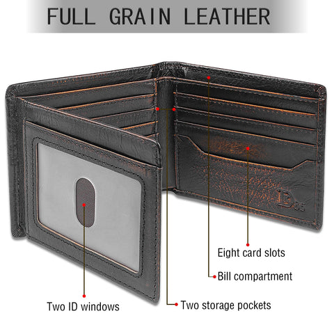 DK86 USA Flag Bifold Wallet for Men RFID Blocking Full Grain Leather With Hand Burnished Extra Capacity Multiple Card Slots with 2 ID Windows DK86