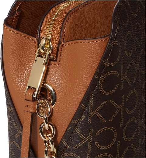Calvin Klein Hailey Signature Triple Compartment Chain Crossbody, Brown/Khaki/Caramel Linear Calvin Klein